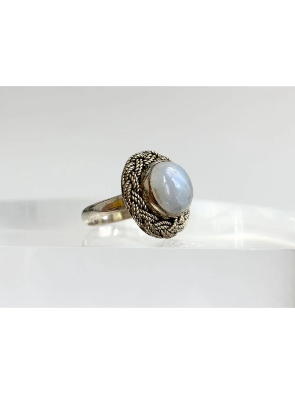 Round Moonstone Southwest Style Braided Sterling Silver 925 Vintage Ring - sz 7